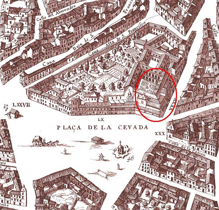 Ubicación original del Hospital de La Latina en el plano de Teixeira de 1656